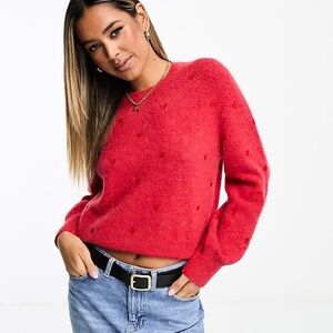 & Other Stories Women’s Red Heart Embroidered Mock Neck Jumper Sweater
